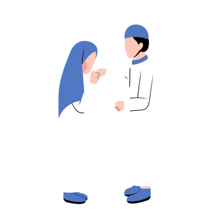 Muslimischer Mann und Frau begrüßen sich gegenseitig am Eid-Tag  Illustration