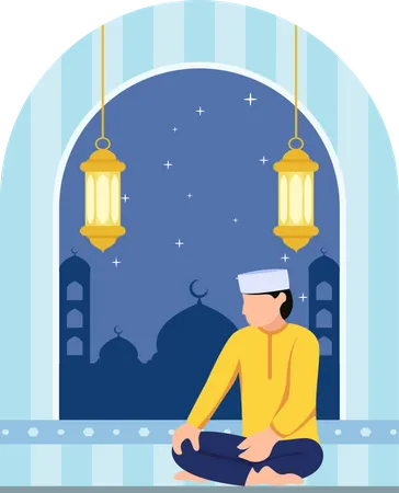 Muslimischer Mann in Moschee wegen Zahlung  Illustration