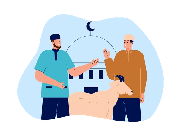 Muslimischer Mann kauft Ziege für das Ramadan-Fest  Illustration