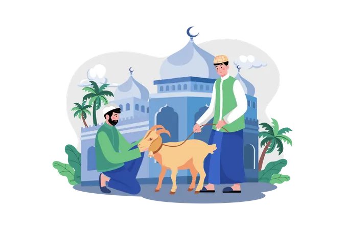 Muslimischer Mann kauft Ziege für das Fest  Illustration