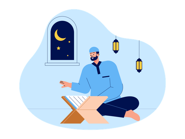 Muslimischer Mann liest das Buch des Koran  Illustration