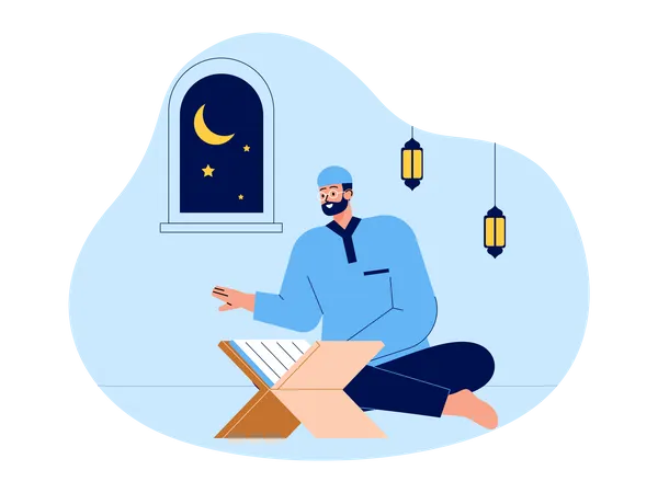 Muslimischer Mann liest das Buch des Koran  Illustration