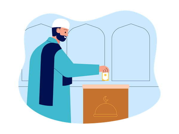 Muslimischer Mann mit Bart wirft Geld in Spendenbox  Illustration