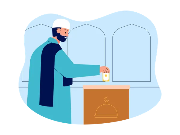 Muslimischer Mann mit Bart wirft Geld in Spendenbox  Illustration