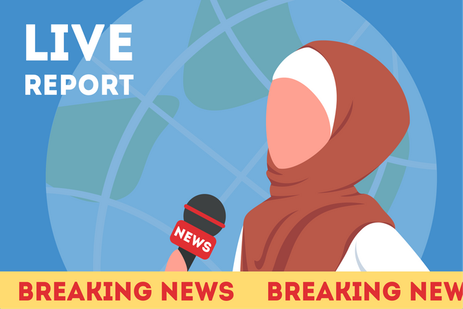 Muslimischer TV-Nachrichtenreporter bei einer Live-Übertragung  Illustration