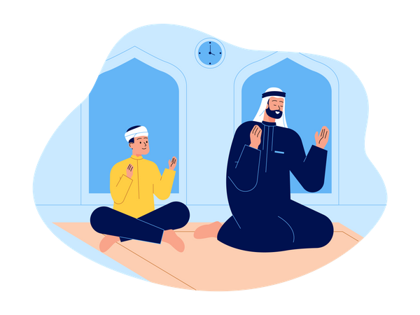 Muslimischer Vater und Sohn beten in der Moschee  Illustration