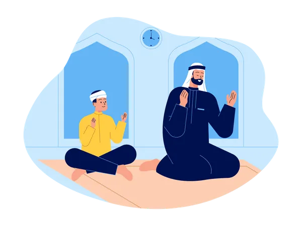 Muslimischer Vater und Sohn beten in der Moschee  Illustration