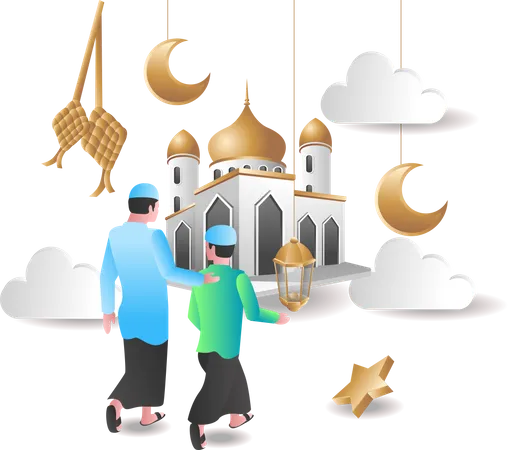 Muslimischer Vater und Sohn gehen zur Moschee  Illustration