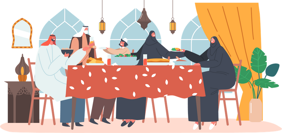 Gemeinsames Abendessen mit muslimischer Familie  Illustration