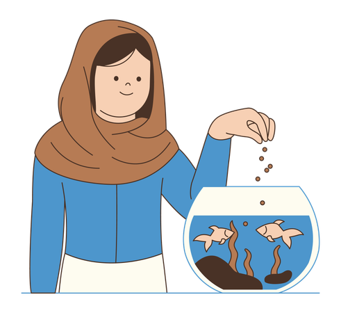 Muslimisches Mädchen füttert Fische im Aquarium  Illustration