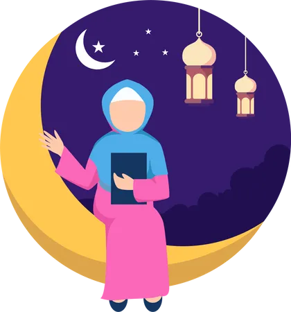 Muslimisches Mädchen hält Koranbuch in der Hand, während es auf dem Mond sitzt  Illustration