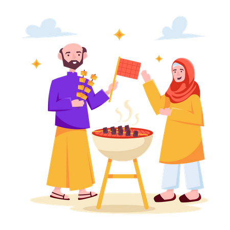 Muslimisches Paar beim Grillen  Illustration
