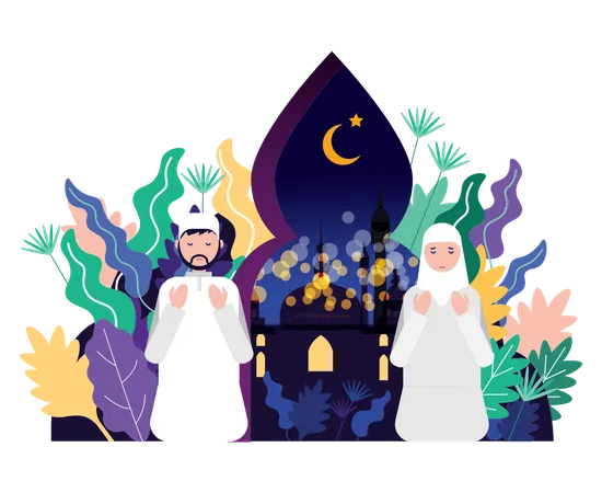 Muslimisches Paar betet in der Nacht  Illustration