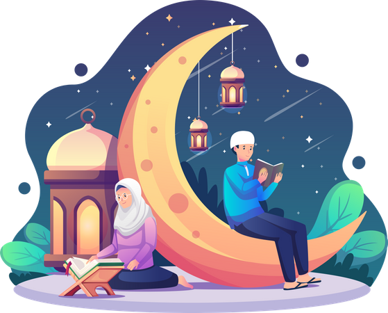 Muslimisches Paar betet während des Ramadan Kareem  Illustration