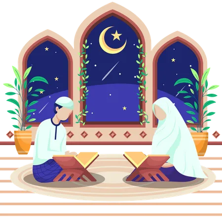 Islamische Manner Und Frauen Sitzen In Der Moschee Und Rezitieren Den Koran Vor Dem Fenster Der Moschee Waren Eine Mondsichel Und Sterne Zu Sehen Illustration