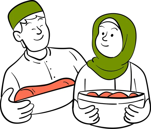 Muslimisches Paar trägt verarbeitetes Fleisch  Illustration