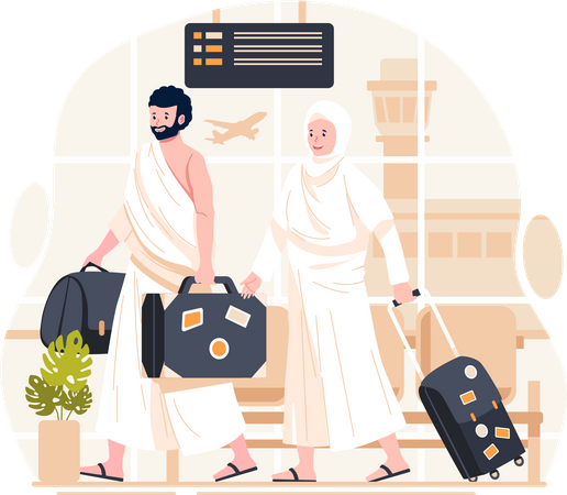 Muslimisches Pilgerpaar in Ihram-Kleidung mit einem Koffer ist gerade angekommen  Illustration