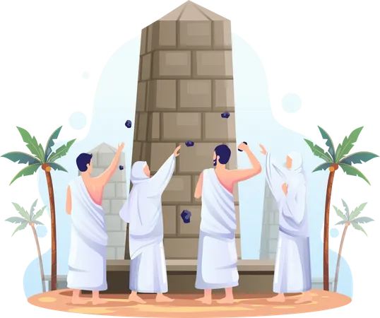 Muslims are throwing stones at the devil pillar in Islamic hajj pilgrimage  Illustration