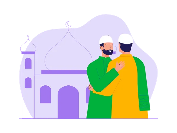 Muslims celebrates eid mubarak infront of mosque  Illustration