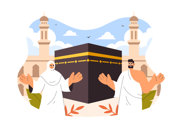 メッカ巡礼を行うイスラム教徒のカップル  イラスト