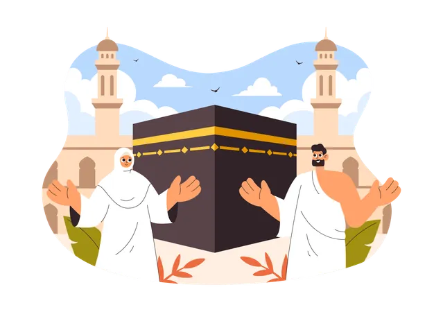 メッカ巡礼を行うイスラム教徒のカップル  イラスト