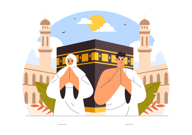 メッカ巡礼を行うイスラム教徒のカップル  イラスト