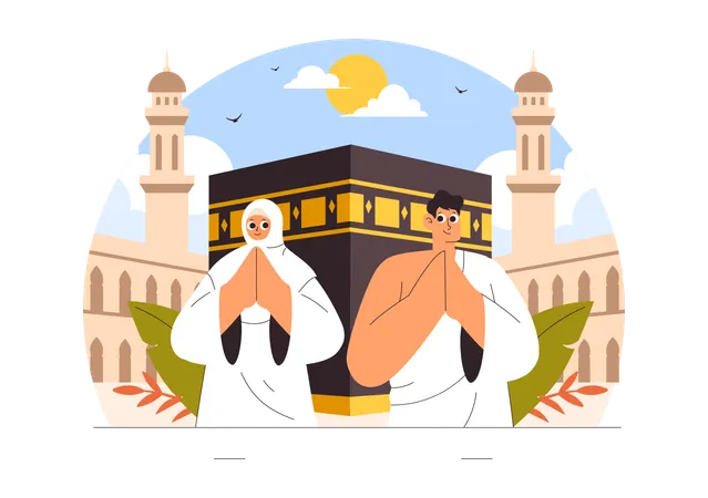 メッカ巡礼を行うイスラム教徒のカップル  イラスト
