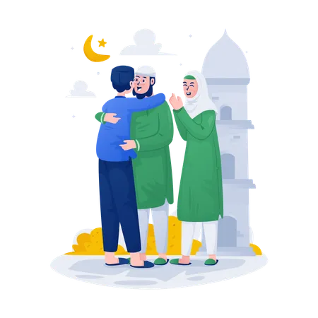 Illustration Of Muslims Hugging Each Other A Tradition Of Forgiveness To Celebrate Eid Al Fitr Illustration