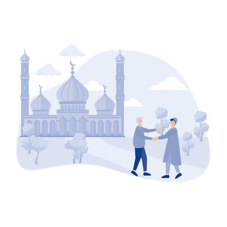 Muslims meet then shake hands and say Assalamualaikum in the courtyard of the mosque after shalat  Illustration