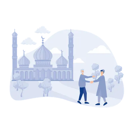 Muslims meet then shake hands and say Assalamualaikum in the courtyard of the mosque after shalat  Illustration
