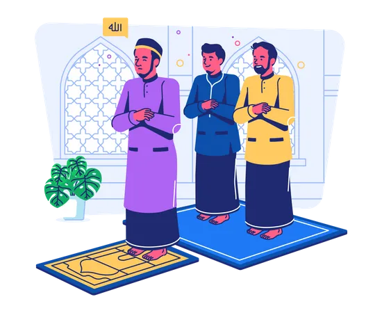 Muslims praying in congregation at mosque  イラスト