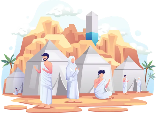 Muslims resting in tents on Islamic hajj pilgrimage  Illustration