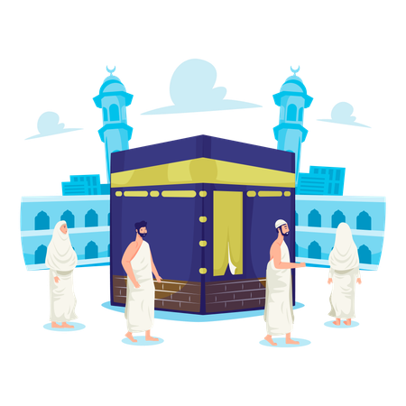 カアバ神殿の周りを歩くイスラム教徒  イラスト