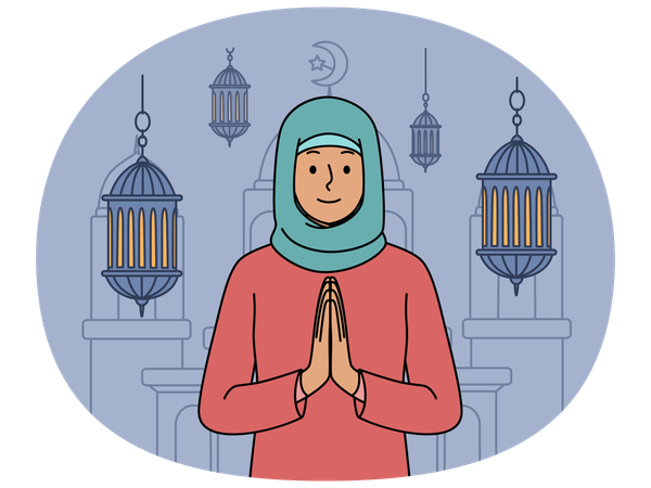 MusliWoman in hijab makes prayer gesture standing near mosque and traditional islamic lanterns  Illustration