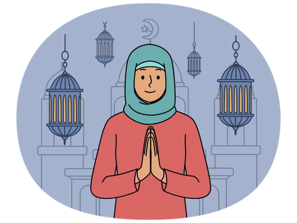 MusliWoman in hijab makes prayer gesture standing near mosque and traditional islamic lanterns  Illustration