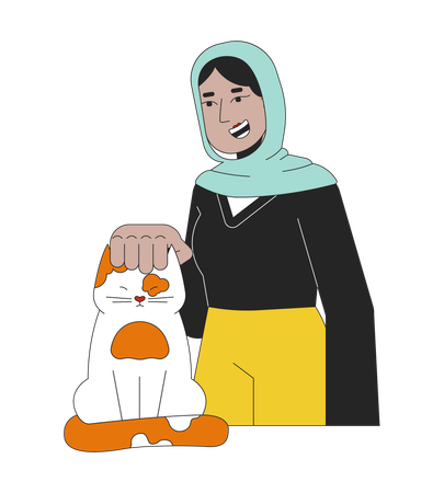 Femme musulmane hijab caressant la tête de chat  Illustration