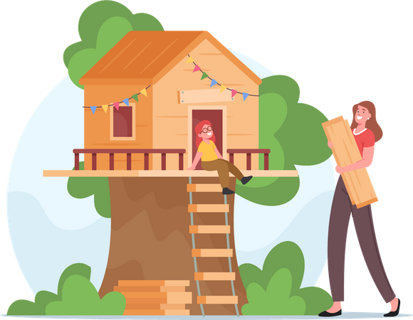 Mutter baut Baumhaus für kleine Tochter  Illustration