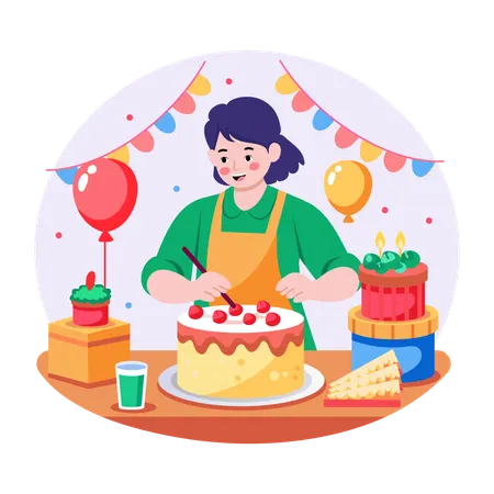Mutter bereitet sich auf die Kuchendekoration vor  Illustration