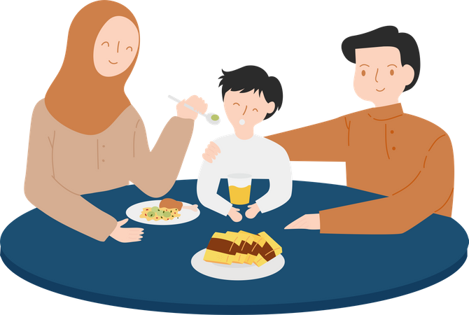 Mutter füttert Jungen während des Fastenbrechens im Ramadan  Illustration