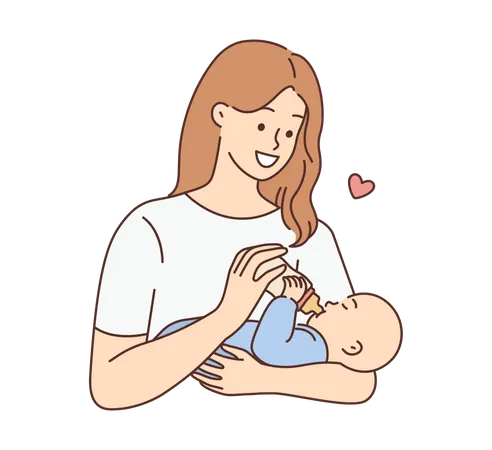 Mutter hält neugeborenes Baby und füttert es  Illustration