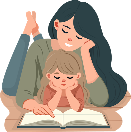 Mutter liegt mit ihrer Tochter und liest ein Buch  Illustration