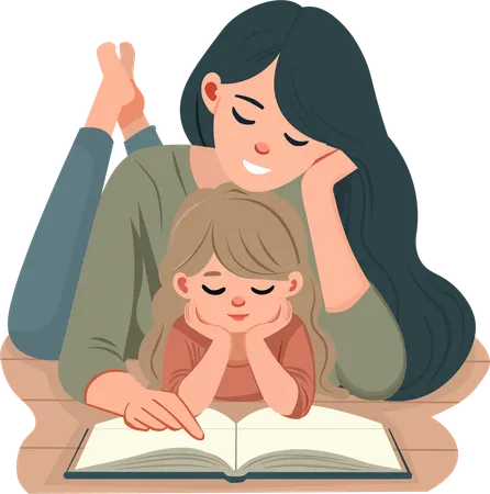 Mutter liegt mit ihrer Tochter und liest ein Buch  Illustration