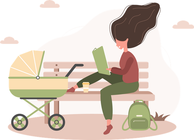 Mutter mit Kinderwagen liest Buch  Illustration