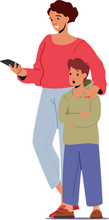 Mutter mit Smartphone legt Hand auf die Schulter ihres Kindes  Illustration