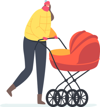 Mutter schiebt Kinderwagen mit Neugeborenem  Illustration