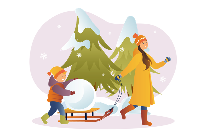 Mutter spielt mit Sohn im Schnee  Illustration