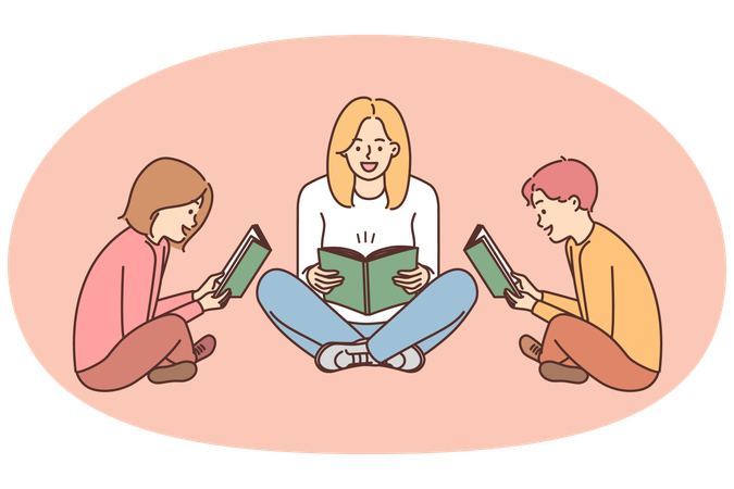 Mutter und Kinder sitzen mit einem Buch auf dem Boden und lesen begeistert interessante Geschichten  Illustration