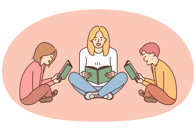 Mutter und Kinder sitzen mit einem Buch auf dem Boden und lesen begeistert interessante Geschichten  Illustration