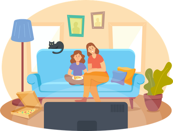 Mutter und kleine Tochter mit Pizza und Katze sitzen auf dem Sofa und schauen einen Film  Illustration
