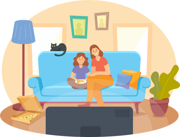Mutter und kleine Tochter mit Pizza und Katze sitzen auf dem Sofa und schauen einen Film  Illustration